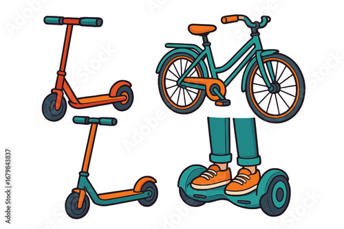 Colorful Urban Transportation Modes Vector Illustration with Scooters, Bikes, and Electric Hoverboards in Playful Cartoon Style for City Mobility Concept