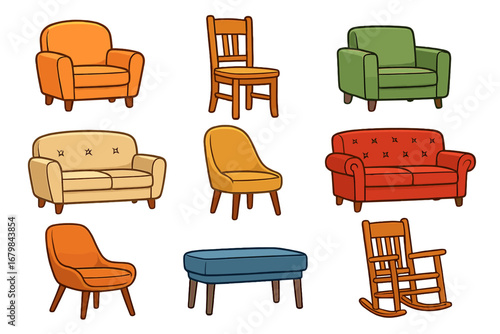 Colorful Collection of Various Seating Furniture Styles Including Armchairs, Sofas, Chairs, and Rocking Chair Vector Illustration on White Background