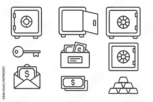 Safe deposit box line icon set. Finance, banking, and security concepts. Vector icons of vault, key, money, cash, gold bars. Editable stroke for infographics and web.