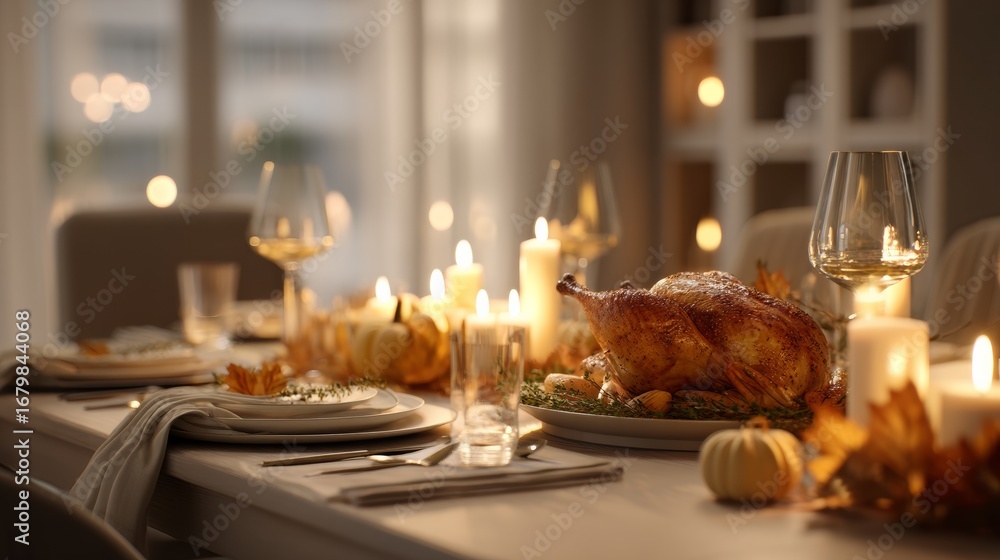 Obraz premium Thanksgiving Dinner Table with Pumpkins, Candles and Roasted Turkey