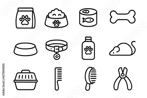 Pet care line icon set. Dog and cat essentials, grooming, and feeding supplies. Vector collection with food, collar, toy, carrier, brush, and nail clippers for web and print.