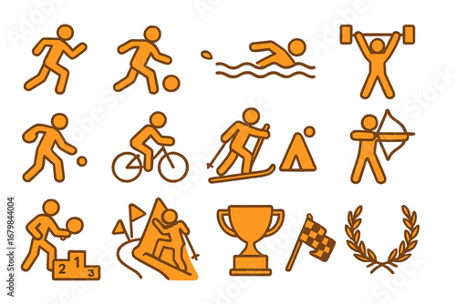 Sports symbols representing various athletic activities, competition categories, and achievements in diverse environments with cartoon vector icons for outdoor and indoor sports events