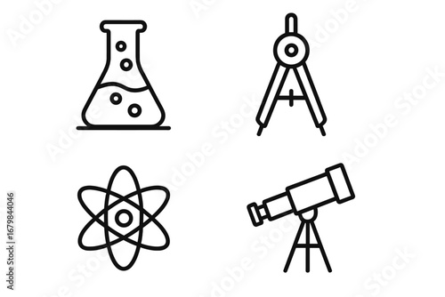 Science and education line icon set. Thin outline symbols for web and apps. Vector collection of laboratory flask, compass, atom, telescope. Chemistry, physics, astronomy icons.