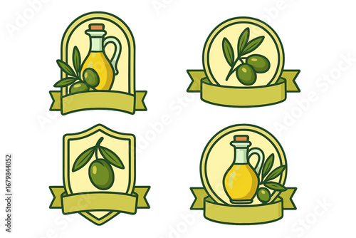 Set of olive oil label templates. Vector cartoon illustration logo design. Organic natural food product packaging badge. Extra virgin olive oil emblem with ribbon and branch.