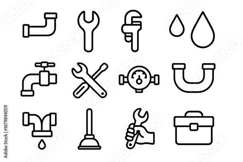 Plumbing service outline icon set. Pipe, tools, and repair symbols. Vector collection for maintenance, water systems, plumber work, and home improvement. Faucet, wrench, plunger.