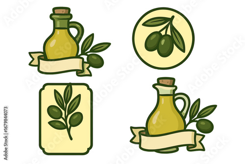 Olive oil label logo template set. Vector cartoon illustration. Natural organic food. Extra virgin oil. Mediterranean diet cooking. Bottle jug branch leaf banner emblem symbol.