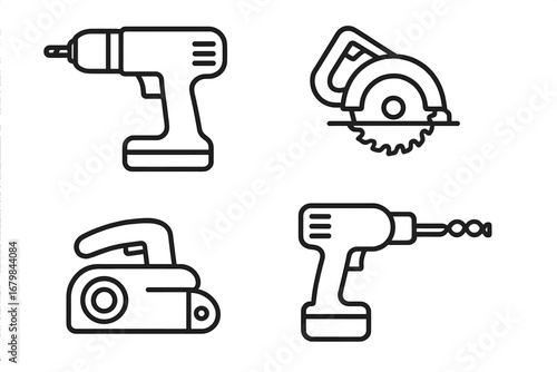 Power tools outline icon set. Drill, circular saw, and belt sander vector collection. Carpentry, construction, and workshop equipment for DIY projects. Repair and maintenance symbols.