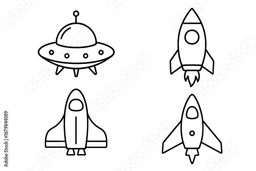 Spaceship and rocket outline icon set. UFO, space shuttle and spacecraft line art collection. Simple vector cartoon illustration for science, technology and infographics. Editable stroke.