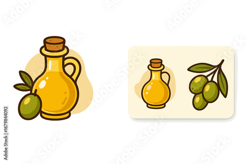 Organic olive oil logo and business card design set. Cartoon vector icon with cruet bottle and green olive branch. For branding natural, healthy, mediterranean food products.