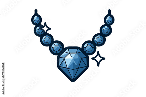 Shining diamond necklace with a large pendant jewel. Vector cartoon illustration of luxury jewelry. Blue gemstone and crystal accessory for women. Fashionable and expensive logo.