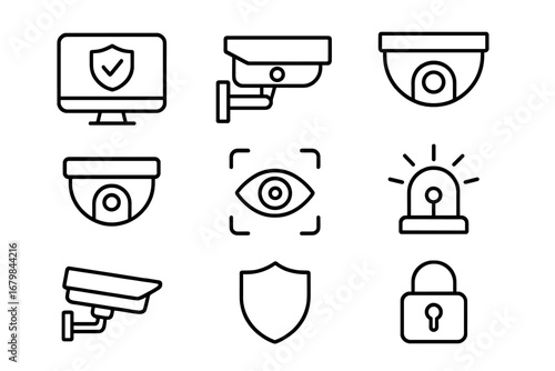 Security and surveillance line icon set. CCTV camera, monitoring system, alarm and protection symbols. Vector outline collection for digital safety, privacy and technology.