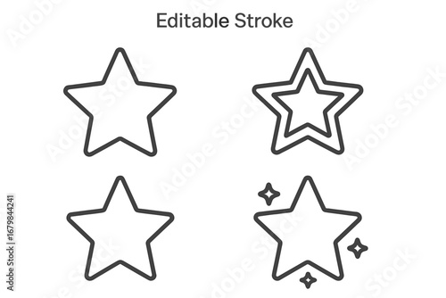 Star outline icon set with editable stroke. A collection of simple, modern vector symbols for rating, favorites, and quality. Includes shiny, sparkling star designs for decoration.