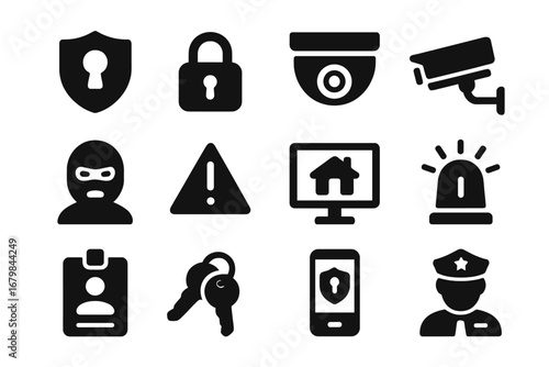 Security and surveillance glyph icon set. Home protection, safety signs, and crime prevention symbols. Includes CCTV camera, alarm, police, lock, and thief vector icons.