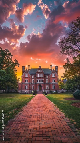 Stunning historic university building at sunset with vibrant sky and brick path