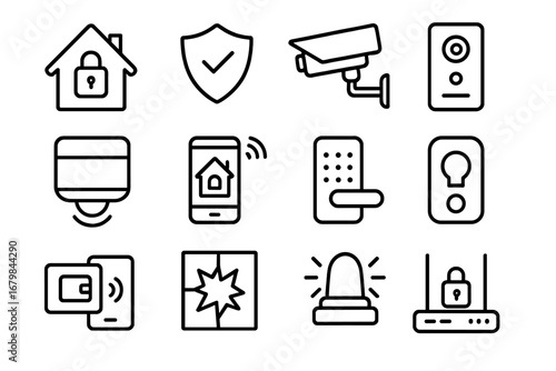 Smart home security outline icon set. Vector collection of automation, surveillance, and safety devices. Includes camera, lock, sensor, alarm, and protection symbols.