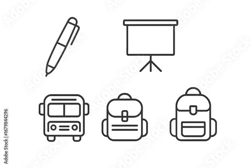 Back to school line icon set. Education and learning symbols. Vector linear pictograms of pen, presentation board, school bus, and backpack. Minimalist icons with editable stroke.