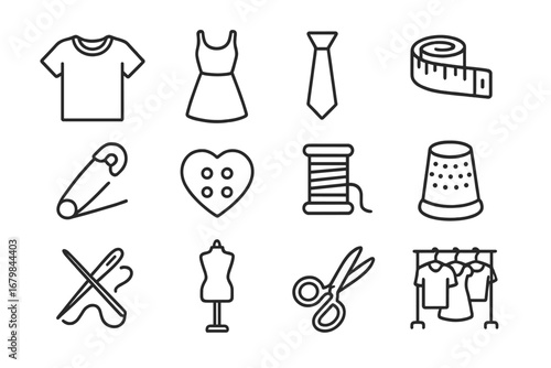 Sewing and tailoring line icon set. Fashion design, dressmaking and needlework concept. Editable stroke vector pictograms for web. Craft, garment and textile symbols.