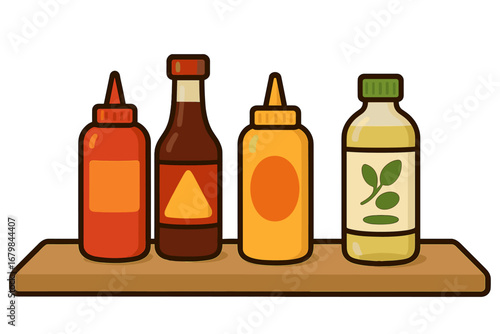 Condiment bottles set on shelf. Ketchup, mustard, soy sauce, olive oil. Vector cartoon illustration for cooking, food ingredients and meal preparation. Kitchen pantry concept.