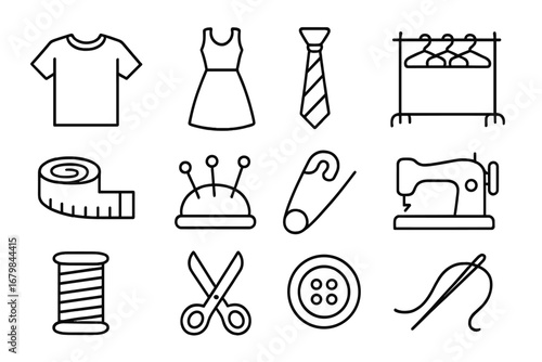 Sewing and garment line icon set. Tailoring, dressmaking, and fashion design symbols. Includes sewing machine, scissors, thread, needle, t-shirt, dress. Editable stroke.