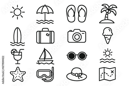 Summer beach vacation icon set. Travel and holiday symbols in thin line style. Vector collection of outline icons like sun, palm, boat, camera, surf, cocktail and sunglasses.