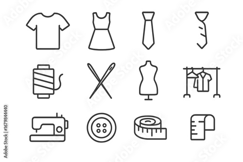 Sewing and garment making line icon set. Tailor, fashion, and apparel industry symbols. Editable stroke. Vector contains sewing machine, mannequin, thread, needle, button.
