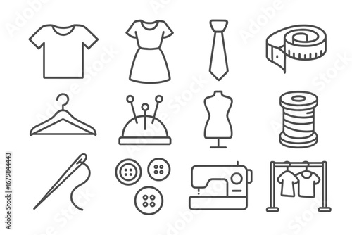 Sewing and tailoring line icon set. Fashion design, dressmaking and needlework concept. Editable stroke vector icons of clothes, sewing machine, needle, thread, mannequin.