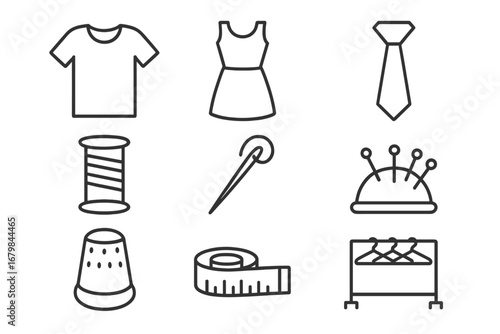 Sewing & garment line icon pack. Modern vector collection for fashion design, web, apps. Tailoring symbols: t-shirt, dress, tie, needle, thread, thimble, tape measure.