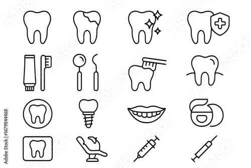 Dentistry and stomatology line icon set. Dental care, hygiene, and treatment symbols. Vector collection of teeth, caries, implant, floss, toothbrush, x-ray, tools, and chair icons.