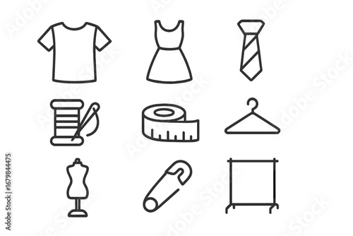 Sewing and tailoring line icon set. Garment, fashion, and dressmaking concepts. Vector bundle with editable stroke. Includes t-shirt, dress, needle, tape measure, mannequin.
