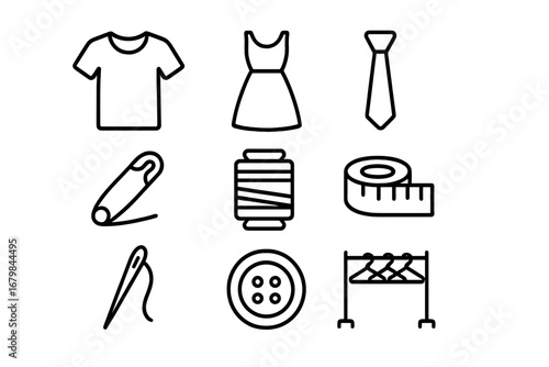 Sewing and tailoring line icon set. Garment, fashion, and clothing industry symbols. Needlecraft and dressmaking vector pictogram collection for UI, UX, web, and app design.