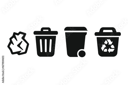 Waste management solid icon set. Trash can, litter, and recycling bin symbols. Vector illustration for eco friendly solutions. Garbage separation and disposal concept.