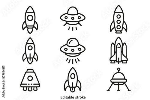 Spaceship and rocket outline icon set. UFO, shuttle, lander vector collection. Simple space travel and sci-fi line icons. Editable stroke for cosmic design projects.