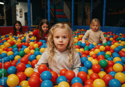 Smiling blonde girl in a ball pit, surrounded by friends, embodying the pure joy and fun of childhood.