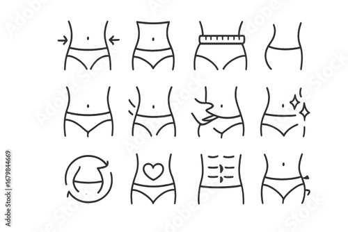 Waist line icon set. Weight loss, belly fat, slimming and diet concepts. Body shaping, abs, and tummy tuck vector illustrations. Fitness, health, and metabolism symbols.