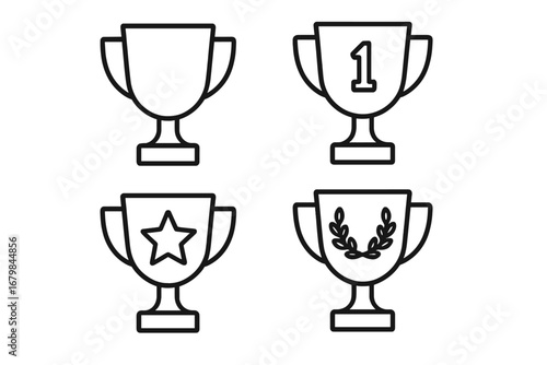 Trophy cup winner line icon set. Award for first place victory. Success and achievement symbols. Champion prize collection. Editable stroke vector. Number 1, star, laurel wreath.