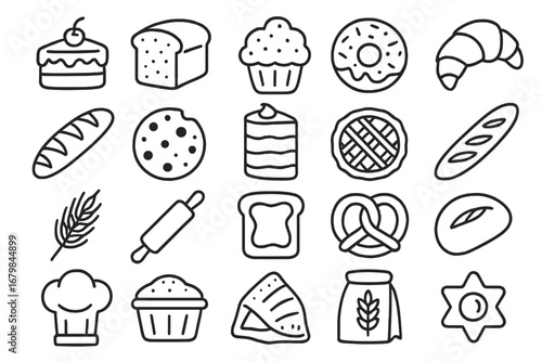 Bakery items drawn in simple sketches showcasing a variety of breads, pastries, and desserts on a white background