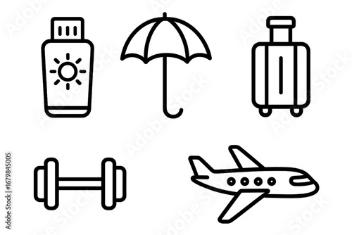 Travel and vacation outline icon set. Vector symbols of sunscreen, umbrella, baggage, fitness dumbbell, and airplane for web, mobile app, and infographics design.