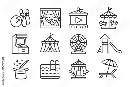 Collection of amusement icons featuring bowling, theater, carnival rides, and swimming activities for fun and entertainment