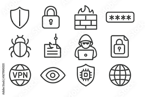 Cybersecurity icons illustrating protection, encryption, and online safety measures used in digital environments