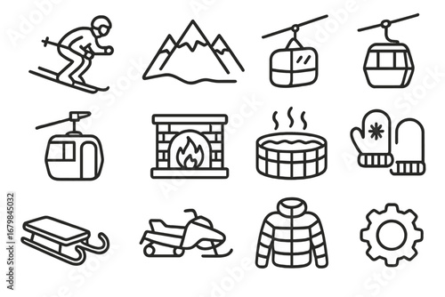 Activities and symbols of winter sports and mountain leisure in a snowy landscape
