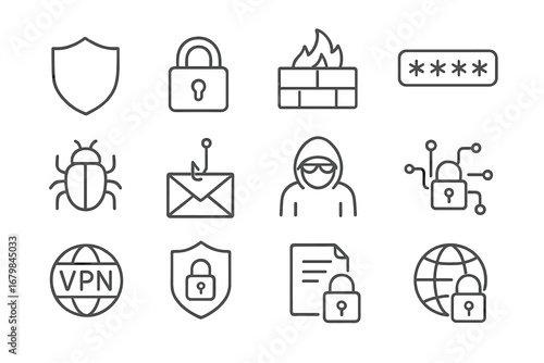 Various cybersecurity icons representing protection, encryption, and threats in a modern digital environment