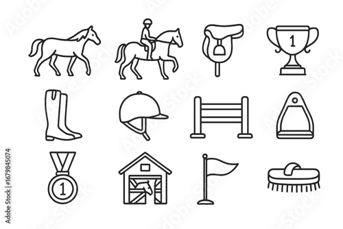 Equestrian sports elements including horses, trophies, and riding gear illustrated in a minimalist style
