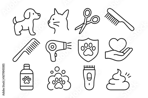 Pet grooming tools and symbols illustrated in a clean design for animal care and cleanliness