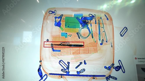 Modern Security System in Airport: Luggage X-Ray Scan of Passengers Bag shown on a screen. 