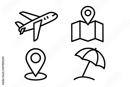 Vacation and travel thin line icons set. Vector bundle includes airplane, map with pin, gps location marker and beach umbrella symbol. For web, mobile app, ui, ux design.