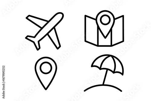 Simple travel and vacation outline icon set. Linear icons for tourism and holiday concepts. Includes plane, map with pin, GPS location, and beach umbrella. Vector for web, app, UI.