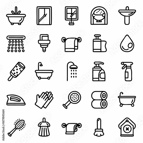 Bathroom cleaning supplies and fixtures vector icon set for hygiene and home maintenance and interior design