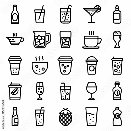 Collection of beverage icons vector illustration featuring various drinks like coffee juice and alcohol line art 100