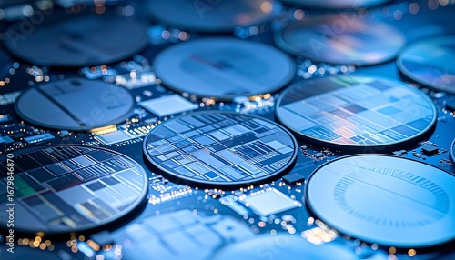 Close-up of circuit boards with silicon wafers
