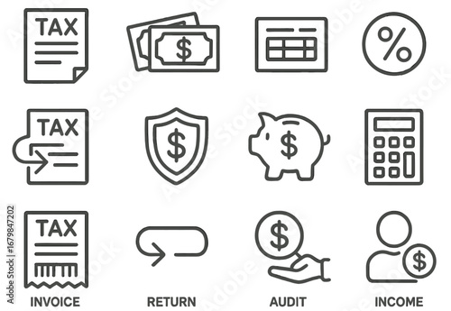 Tax symbols representing financial transactions, income management, and audit processes in a modern design